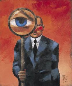 Desenho de homem segurando uma lupa. Fundo laranja e o olho bem grande na lupa, analisando ou observando algo.