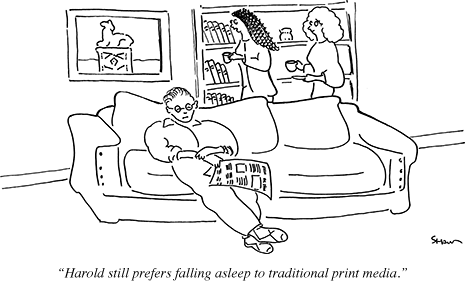 "Harold continua preferindo dormir com o tradicional jornal impresso."