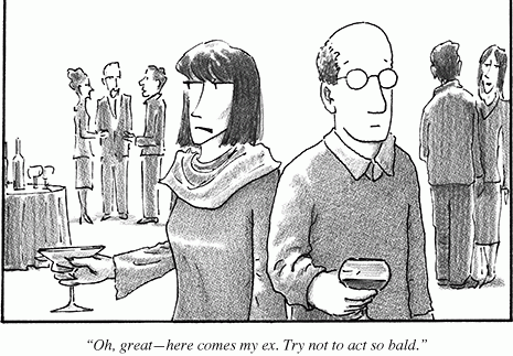 Charge da New Yorker em que mulher diz: "Lá vem meu ex, tente não agir tão careca". Jogo de palavras bad/bald