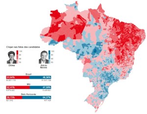 Fonte: Folha de S.Paulo. Clique para ver o mapa interativo: http://www1.folha.uol.com.br/infograficos/2014/10/117563-a-votacao-por-municipios-de-todo-o-brasil.shtml