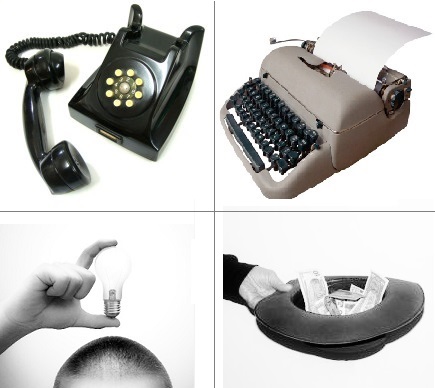 Telefone antigo, impressora, homem segurando lâmpada (tendo uma ideia) e homem passando o chapéu para receber dinheiro.