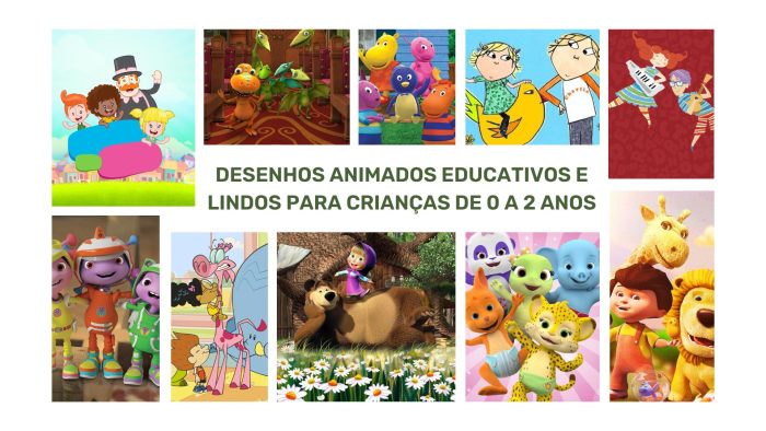 Mosaico com imagens de desenhos animados lindos e educativos, indicados para crianças ou bebês de 0 a 2 anos.