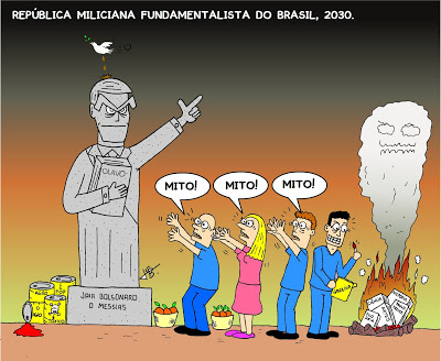 Charge de Jaime Guimarães mostra uma estátua de Jair Bolsonaro e pessoas gritando para ela "Mito! Mito!" Uma pessoa, no canto, queima livros de artes, ciência etc.