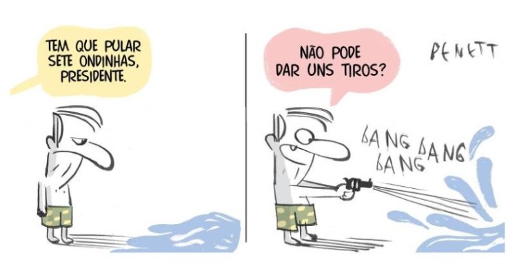 Charge mostra Bolsonaro atirando com arma de fogo contra o mar.