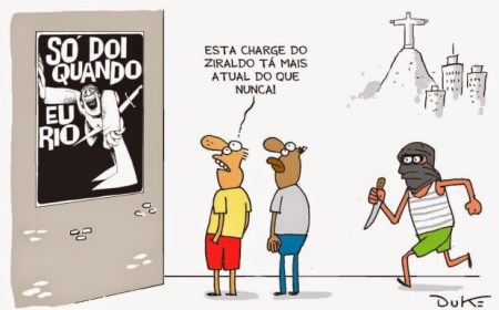 O chargista Duke relembra arte de Ziraldo, de muitos anos antes, com a frase "Só dói quando eu rio".
