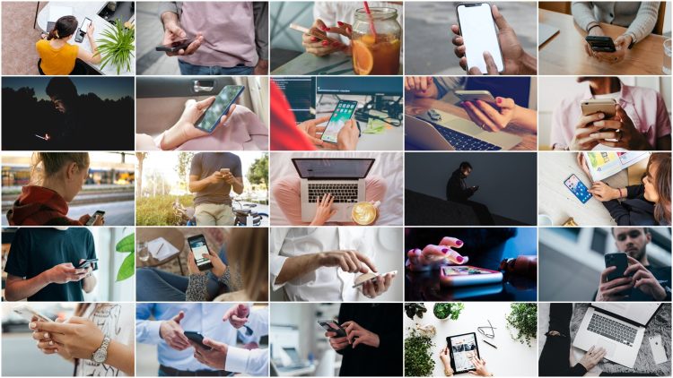 Fotos mostrando diversas pessoas lendo na internet, em laptop ou celular.