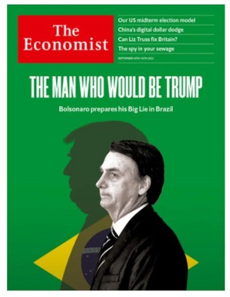 Capa da 'The Economist' de 8 de setembro de 2022 compara Bolsonaro a Trump e diz que ele prepara sua 'grande mentira' no Brasil