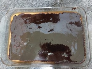 Calda de chocolate espalhada em cima de bolo de cenoura.