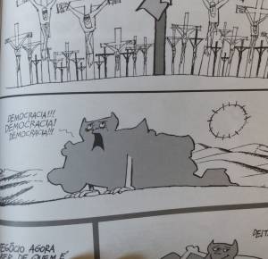 Charge do Ziraldo no jornal 'O Pasquim', feita durante a ditadura militar no Brasil: o país agonizando em busca da democracia.