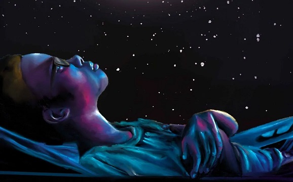 Ilustração do cartaz do filme 'Marte Um', que representa a primeira cena do filme, com Deivinho observando as estrelas, preocupado.