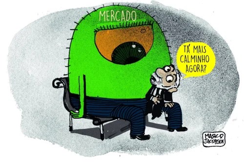 Charge mostra mercado parecendo um monstro pirracento e o Lula no colo dele, tentando acalmá-lo.