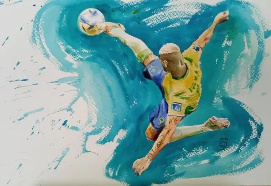 Pintura em aquarela do segundo gol do centroavante Richarlison, da Seleção Brasileira, na partida contra a Sérvia, na Copa do Mundo do Qatar, em 2022. Arte do cearense Francisco Demeilson Ferreira. Imagem: arquivo pessoal / divulgação