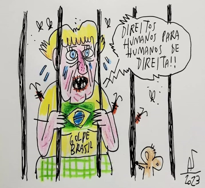 Charge de Allan Sieber sobre bolsonaristas presos após tentativa de golpe em 8/1/2023.