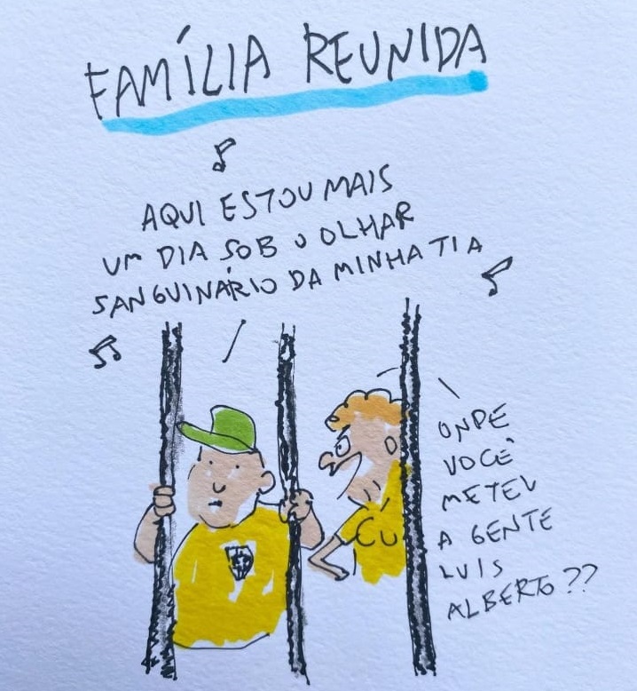 Charge de Arnaldo Branco sobre bolsonaristas presos após tentativa de golpe em 8/1/2023.