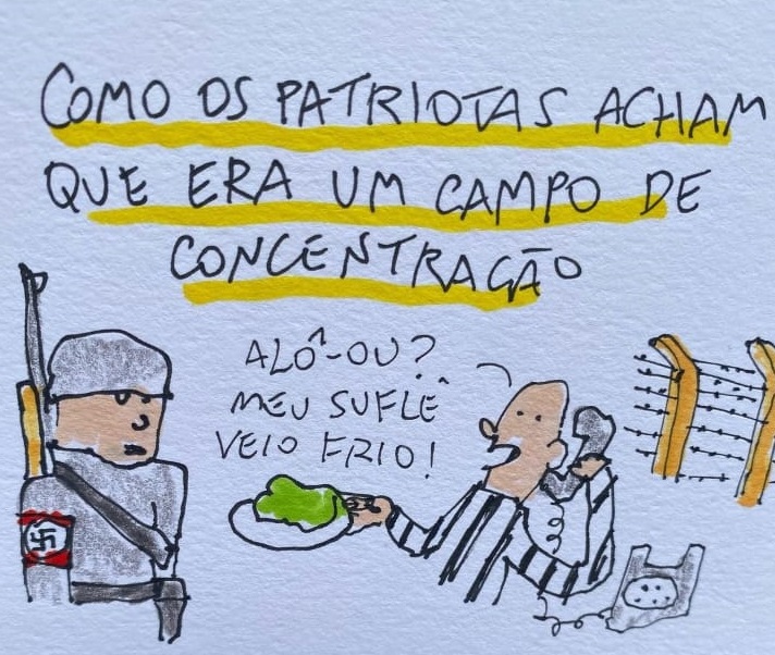 Charge de Arnaldo Branco sobre bolsonaristas presos após tentativa de golpe em 8/1/2023.