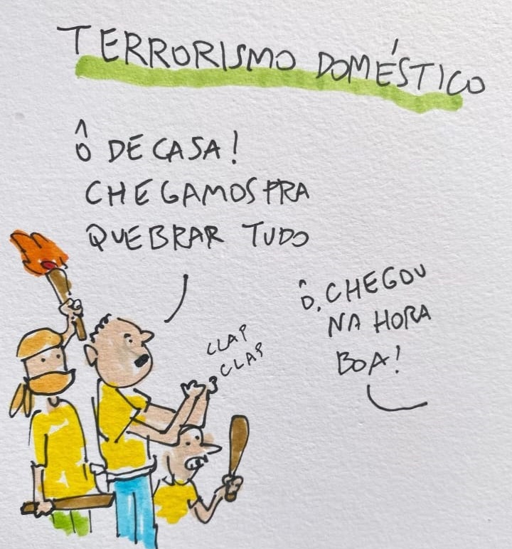 Charge de Arnaldo Branco sobre atos terroristas e golpistas em Brasília, em 8/1/2023.