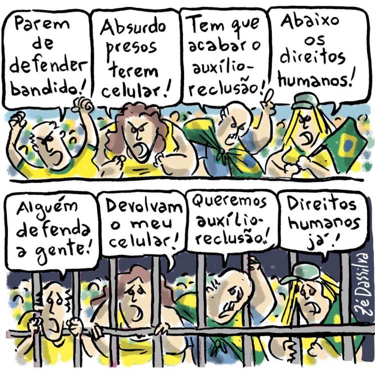 Charge de Zé Dassilva sobre golpistas bolsonaristas presos após ato terrorista no dia 8/1/2023.
