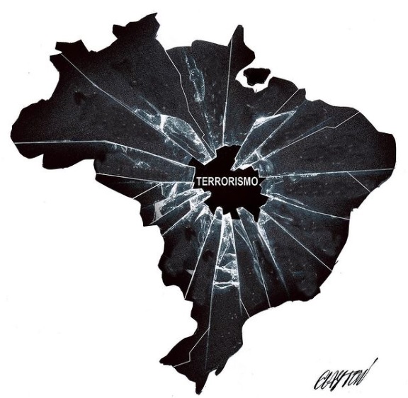 Charge de Clayton sobre atos terroristas e golpistas em Brasília, em 8/1/2023.