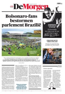Capa de jornal do dia 9/1/2023 sobre atos terroristas e golpistas em Brasília no dia 8/1/2023. Jornal DeMorgen.