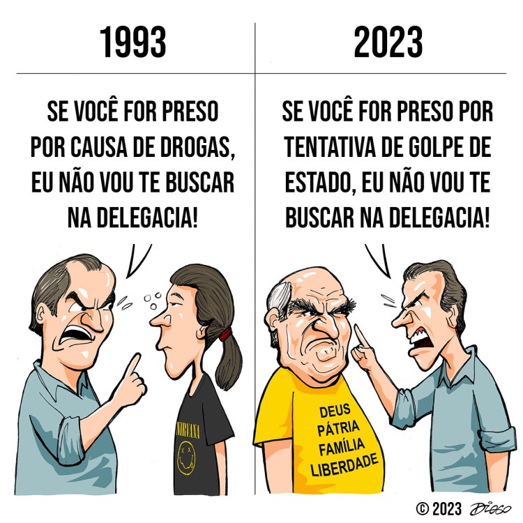 Charge de Diogo Salles sobre atos terroristas e golpistas em Brasília, em 8/1/2023.