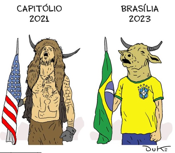 Charge de Duke sobre atos terroristas e golpistas em Brasília, em 8/1/2023.