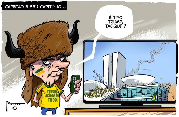 Charge de Fraga sobre atos terroristas e golpistas em Brasília, em 8/1/2023.