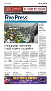 Capa de jornal do dia 9/1/2023 sobre atos terroristas e golpistas em Brasília no dia 8/1/2023. Jornal Free Press.