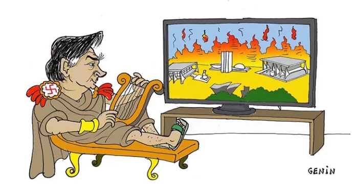 Charge de Genin sobre atos terroristas e golpistas em Brasília, em 8/1/2023.