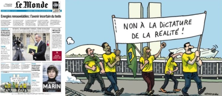 'Não à ditadura da realidade'. Charge de Herrmann na primeira página do jornal francês Le Monde do dia 10/1/2023.