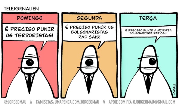 Charge de JorgeOMau sobre atos terroristas e golpistas em Brasília, em 8/1/2023.