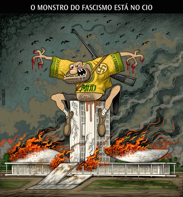 Charge de Jota Camelo sobre atos terroristas e golpistas em Brasília, em 8/1/2023.