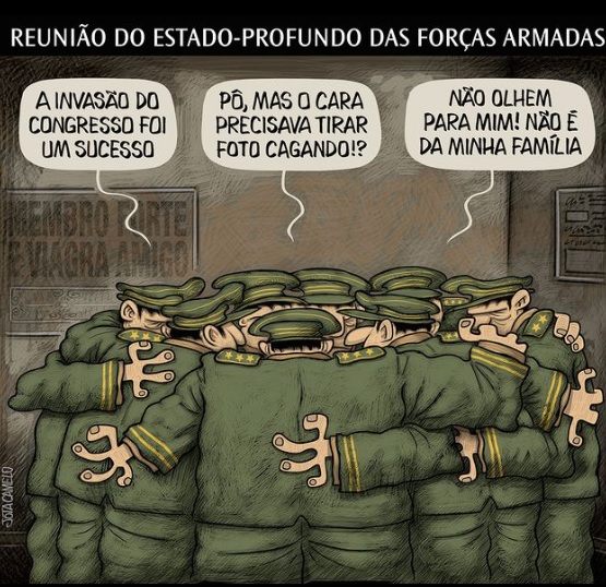Charge de Jota Camelo sobre atos terroristas e golpistas em Brasília, em 8/1/2023.