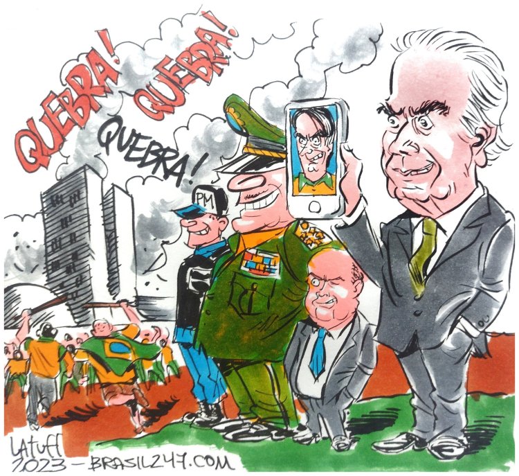 Charge de Latuff sobre atos terroristas e golpistas em Brasília, em 8/1/2023.