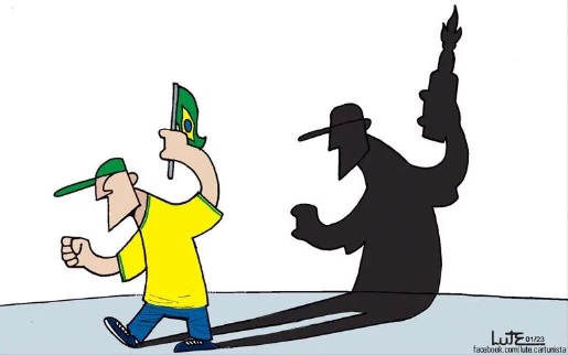 Charge de Lute sobre atos terroristas e golpistas em Brasília, em 8/1/2023.