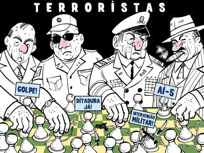Charge de Machado sobre atos terroristas e golpistas em Brasília, em 8/1/2023.