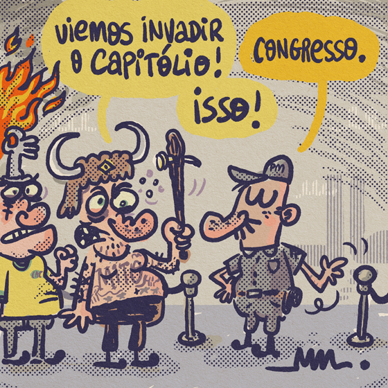 Charge de Marcelo Martinez sobre atos terroristas e golpistas em Brasília, em 8/1/2023.