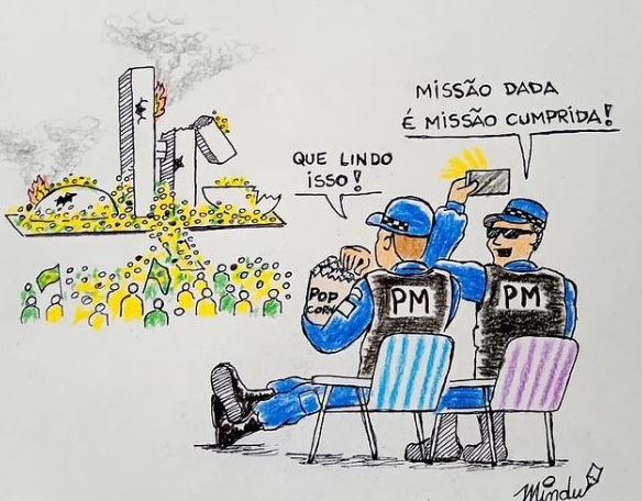 Charge de Mindu sobre atos terroristas e golpistas em Brasília, em 8/1/2023.