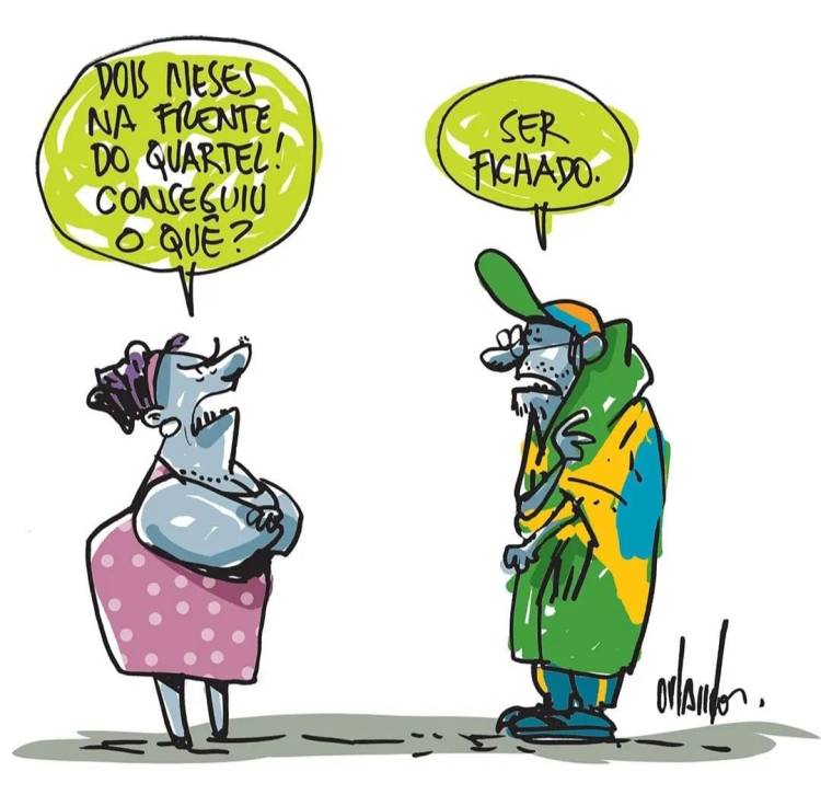 Charge de Orlando sobre atos terroristas e golpistas em Brasília, em 8/1/2023.