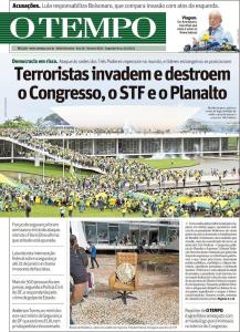Capa de jornal do dia 9/1/2023 sobre atos terroristas e golpistas em Brasília no dia 8/1/2023. Jornal O Tempo.
