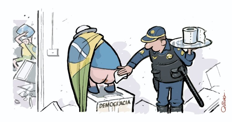 Charge de Quinho sobre atos terroristas e golpistas em Brasília, em 8/1/2023.