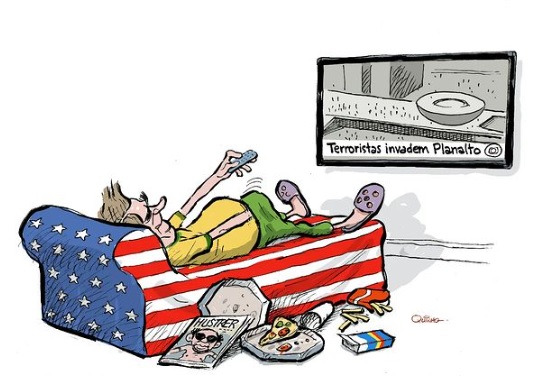 Charge de Quinho sobre atos terroristas e golpistas em Brasília, em 8/1/2023.