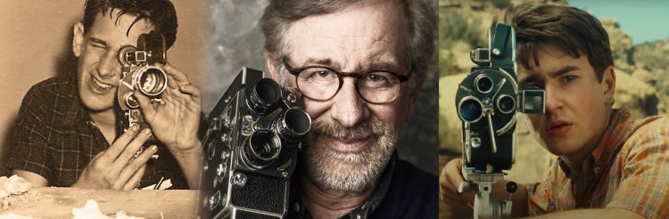 Steven Spielberg jovem (esquerda) e em foto mais recente (centro). À direita, o ator Gabriel LaBelle em cena do filme "Os Fabelmans", em que interpreta Sammy. 