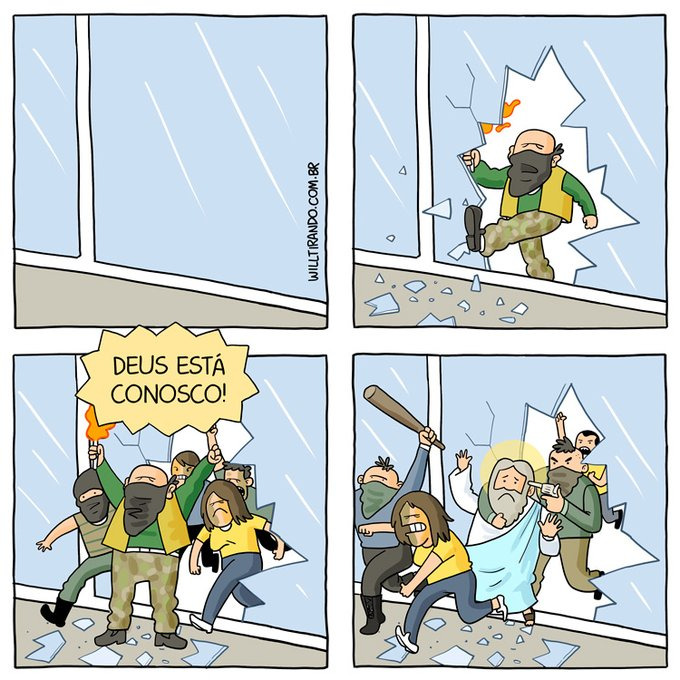 Charge de Will Tirando sobre atos terroristas e golpistas em Brasília, em 8/1/2023.