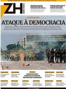 Capa de jornal do dia 9/1/2023 sobre atos terroristas e golpistas em Brasília no dia 8/1/2023. Jornal Zero Hora.