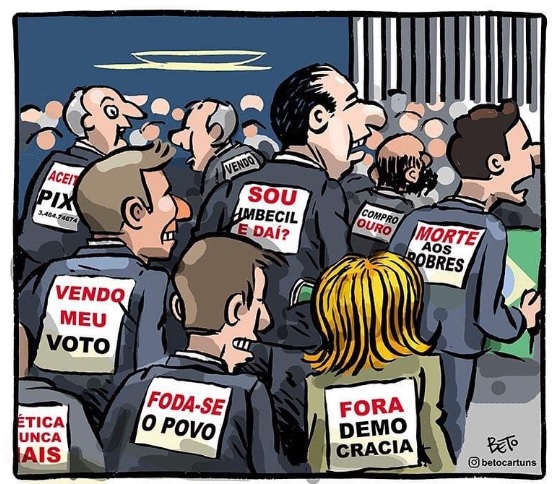 Charge do Beto mostra o perfil de alguns legisladores que tomaram posse no Congresso Nacional neste 1/2/2023. Placas como "Foda-se o povo", "Fora democracia" e "vendo meu voto" podem ser vistas pregadas nas costas deles.