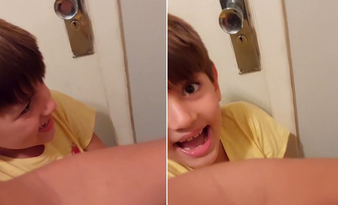 Duas cenas de um vídeo que mostra a alegria do Luiz antes de abrir a porta de casa para ver se o Coelhinho tinha deixado ovo de Páscoa.