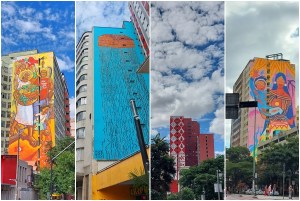 Fotos de quatro painéis do CURA, em prédios no Centro de BH. Crédito: CMC / blog da kikacastro