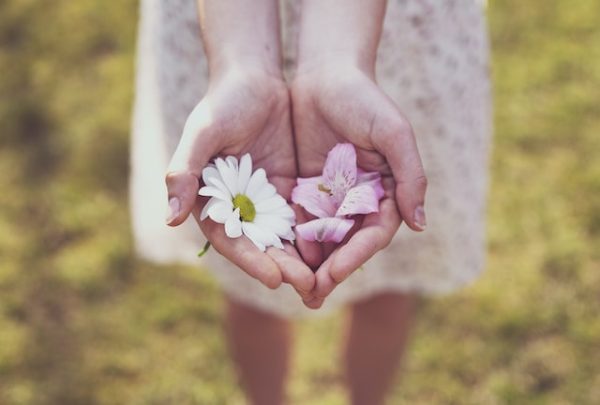 Mulher de vestido oferecendo flores (só as mãos são mostradas, em destaque), remetendo a delicadeza, calma, serenidade, tranquilidade, comunicação não violenta (CNV), oferta de paz, amizade e amor.