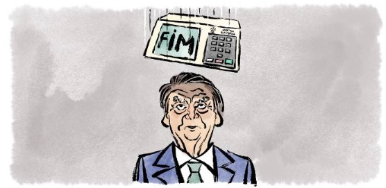 Charge de Leandro Assis e Triscila Oliveira na 'Folha de S.Paulo' de 24/6/2023. Urna escrito 'fim' cai na cabeça de Bolsonaro, no desenho.