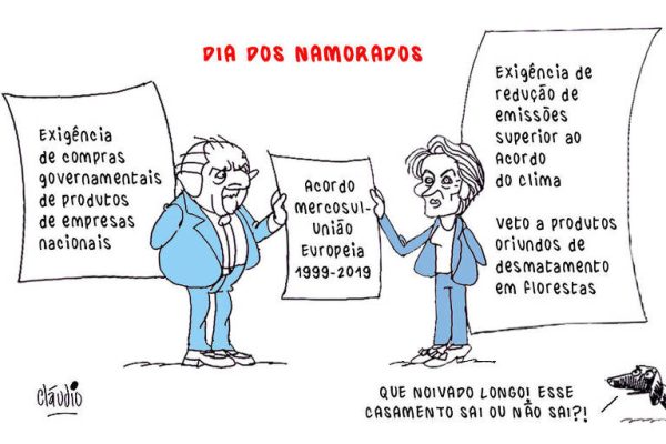 Charge de Cláudio Hebdô, publicada na Folha de S.Paulo em 12.6.2023., mostra Lula e Ursula von der Leyen, presidente da Comissão Europeia, negociando acordo.